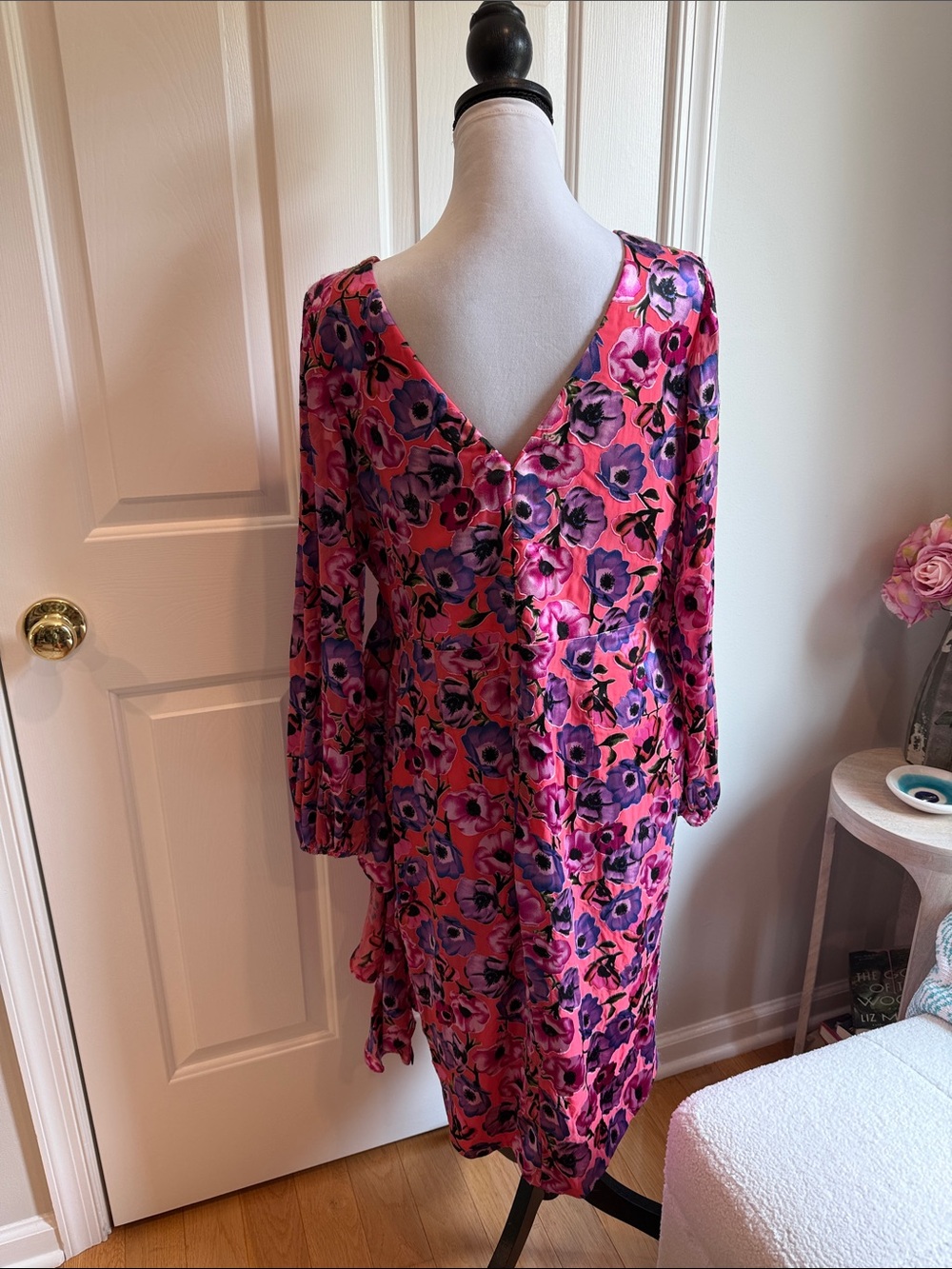 Theia Pink Floral Wrap-Front Long Sleeve Dress with Purple Blooms - Picture 5 of 8